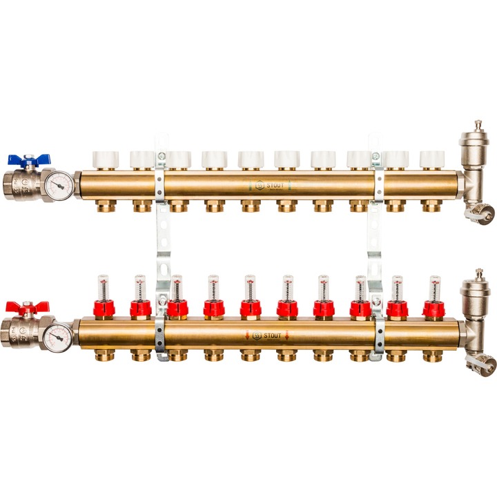 Распределительный коллектор Stout из латуни с расходомерами 10 выходов (арт. SMB 0473 000010)