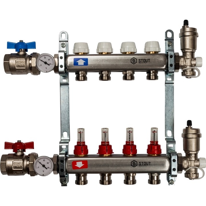 Коллектор Stout из нержавеющей стали в сборе с расходомерами 4 выхода (арт. SMS 0907 000004)
