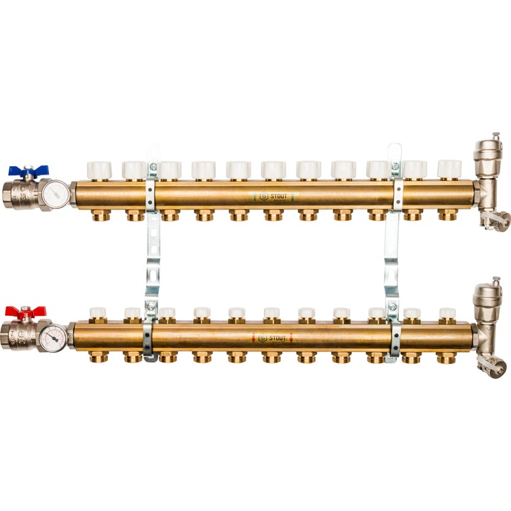 Распределительный коллектор Stout из латуни без расходомеров 11 выходов (арт. SMB 0468 000011)