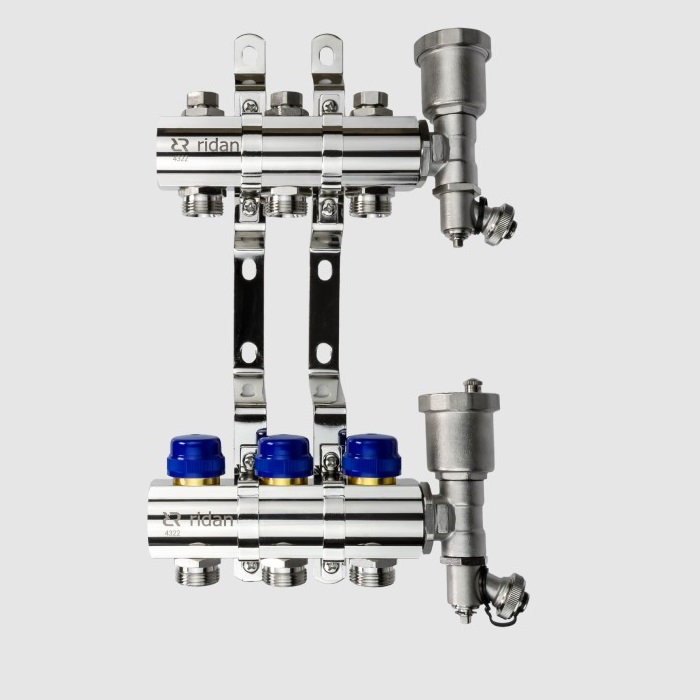 Комплект коллекторов Ридан FHF-11R 11 контуров: с кронштейнами и торцевыми секциями с автоматическими воздухоотводчиками
