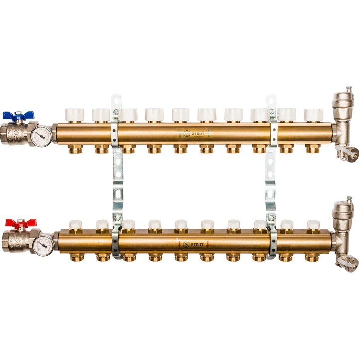 Распределительный коллектор Stout из латуни без расходомеров 10 выходов (арт. SMB 0468 000010)