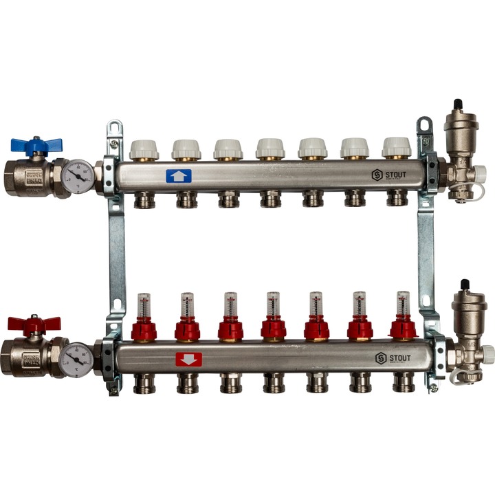 Коллектор Stout из нержавеющей стали в сборе с расходомерами 7 выходов (арт. SMS 0907 000007)