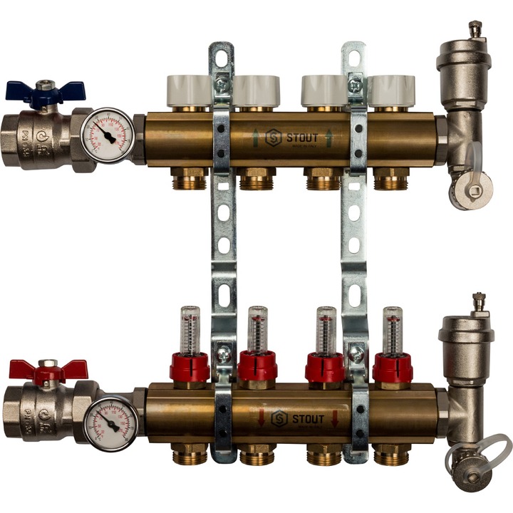 Распределительный коллектор Stout из латуни с расходомерами 4 выхода (арт. SMB 0473 000004)