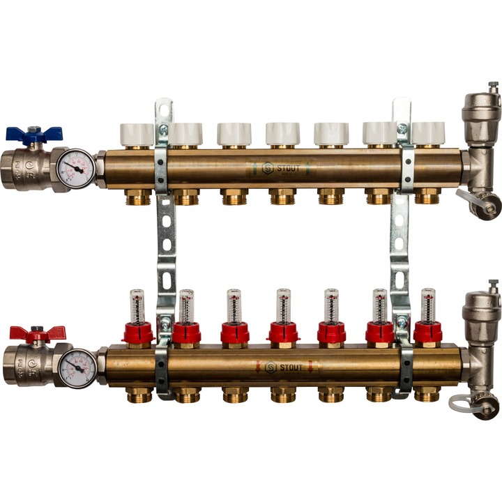 Распределительный коллектор Stout из латуни с расходомерами 7 выходов (арт. SMB 0473 000007)