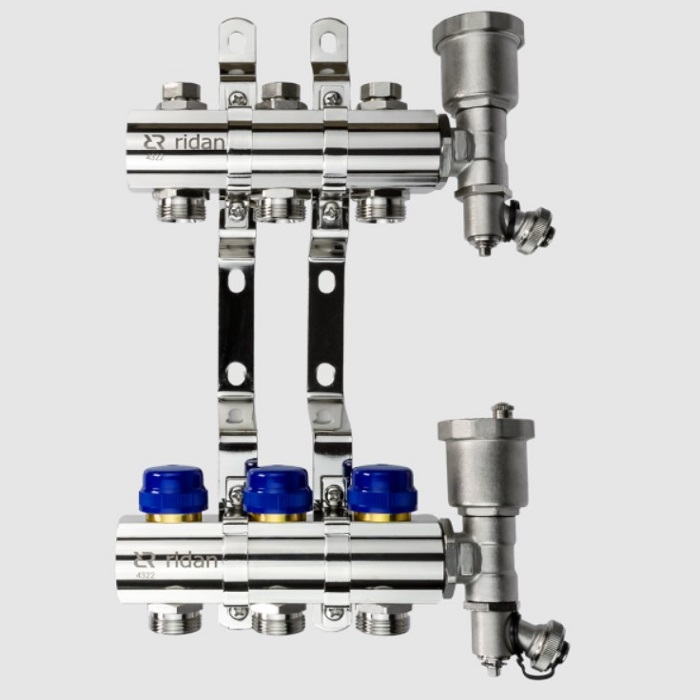 Комплект коллекторов Ридан FHF-3R 3 контура: с кронштейнами и торцевыми секциями с автоматическими воздухоотводчиками