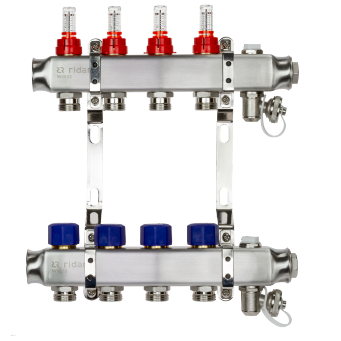 Комплект коллекторов Ридан SSM-4RF 4 контура: с расходомерами, кронштейнами, ручным воздухоотводчиком, сливным краном и торцевой заглушкой