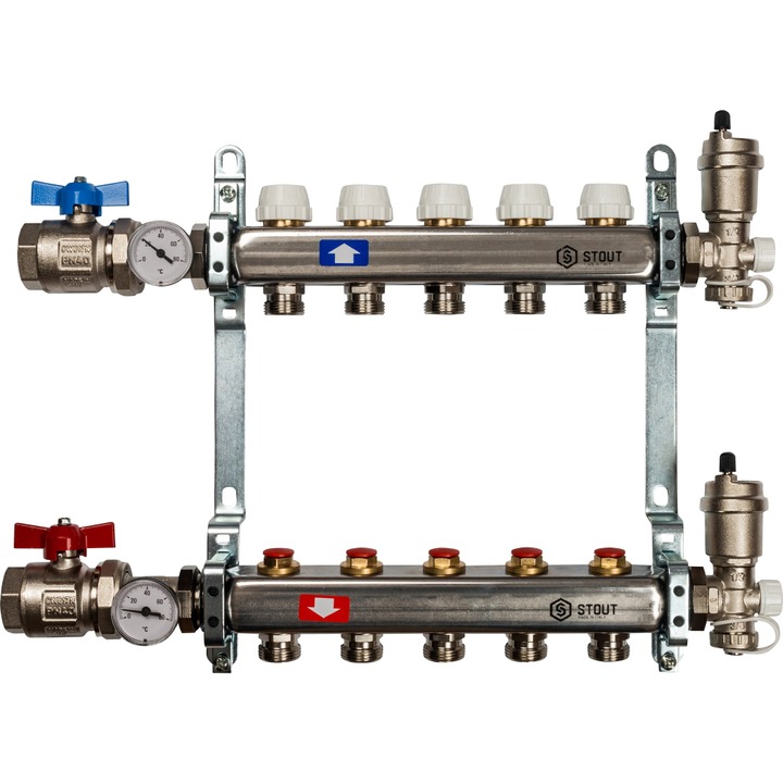 Коллектор Stout из нержавеющей стали в сборе без расходомеров 5 выходов (арт. SMS 0912 000005)