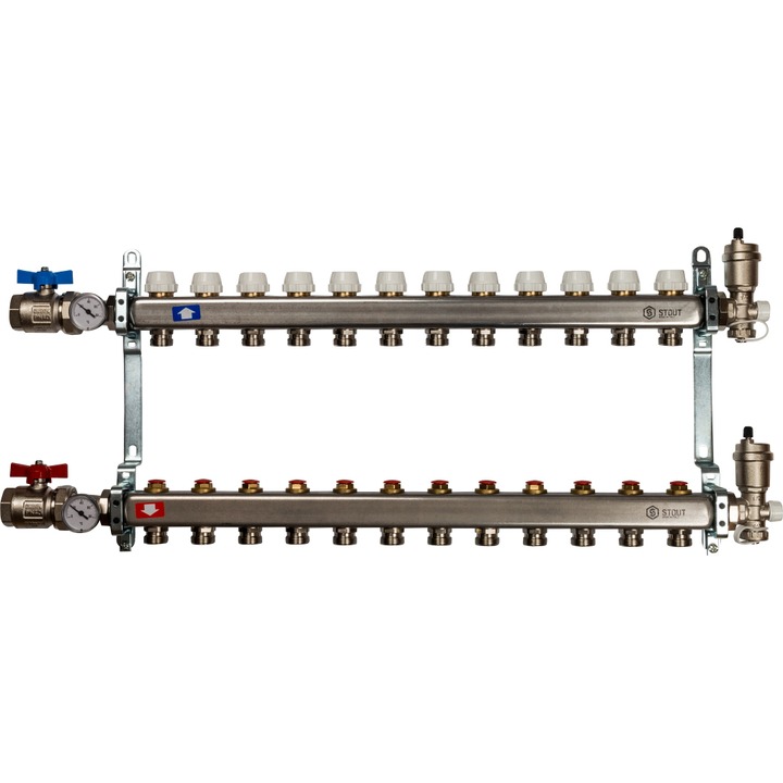 Коллектор Stout из нержавеющей стали в сборе без расходомеров 12 выходов (арт. SMS 0912 000012)