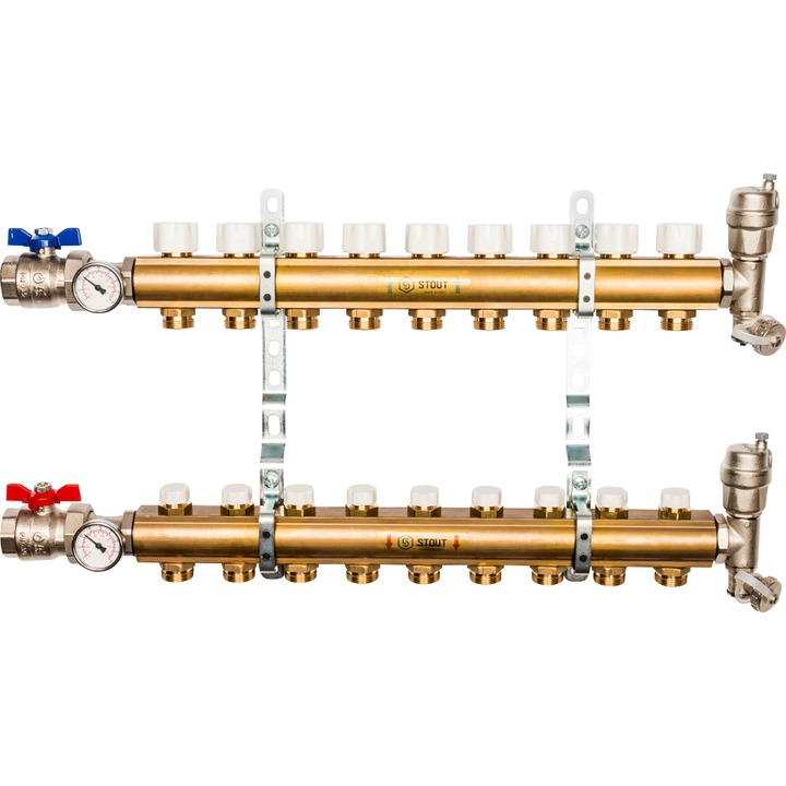 Распределительный коллектор Stout из латуни без расходомеров 9 выходов (арт. SMB 0468 000009)
