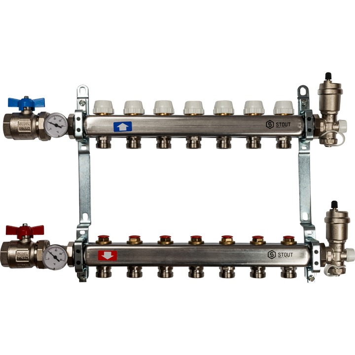 Коллектор Stout из нержавеющей стали в сборе без расходомеров 7 вых (арт. SMS 0912 000007)