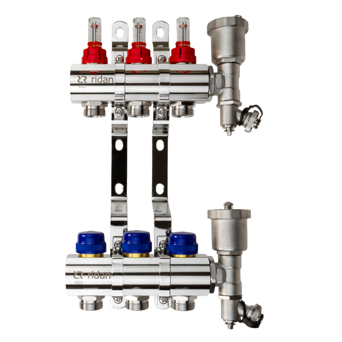 Комплект коллекторов Ридан FHF-3RF 3 контура: с расходомерами, кронштейнами и торцевыми секциями с автоматическими воздухоотводчиками