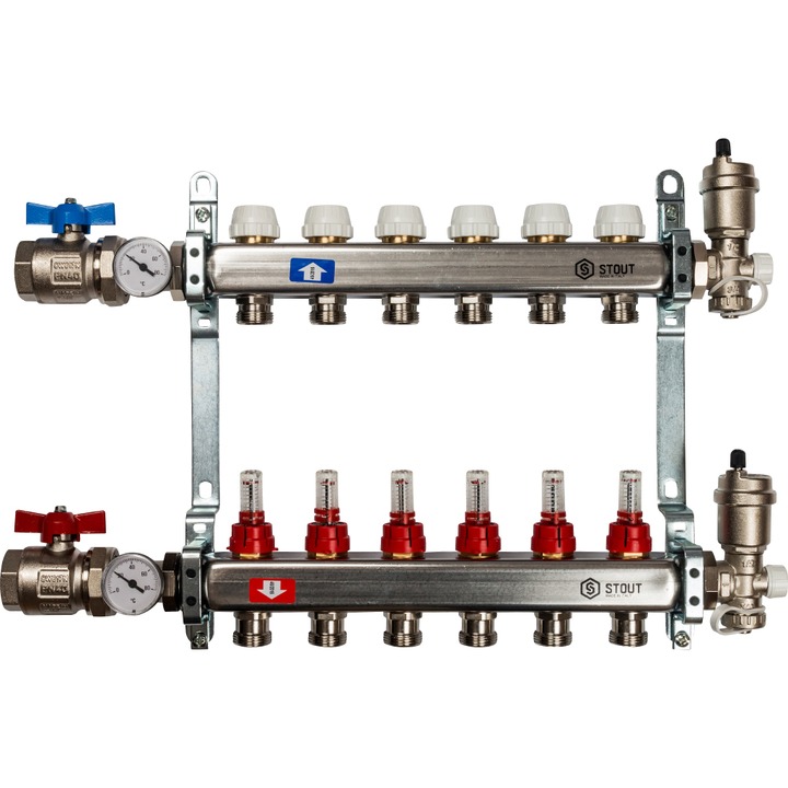 Коллектор Stout из нержавеющей стали в сборе с расходомерами 6 выходов (арт. SMS 0907 000006)