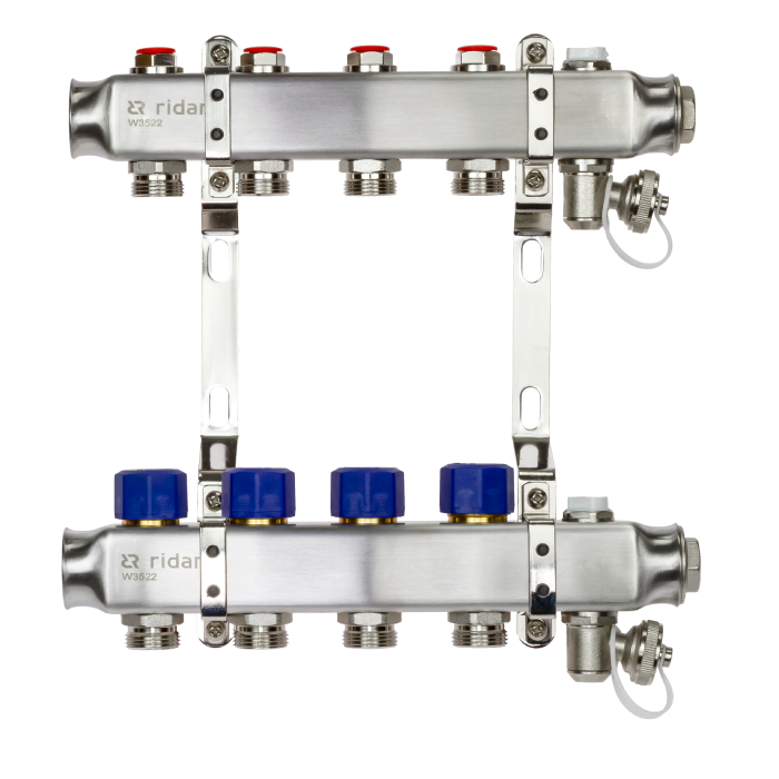 Комплект коллекторов Ридан SSM-8R 8 контуров: с кронштейнами, ручным воздухоотводчиком, сливным краном и торцевой заглушкой