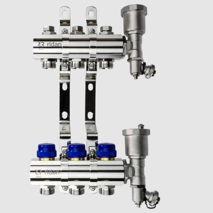 Комплект коллекторов Ридан FHF-10R 10 контуров: с кронштейнами и торцевыми секциями с автоматическими воздухоотводчиками
