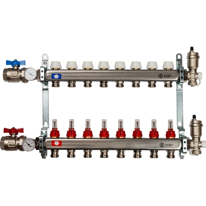 Коллектор Stout из нержавеющей стали в сборе с расходомерами 8 выходов (арт. SMS 0907 000008)