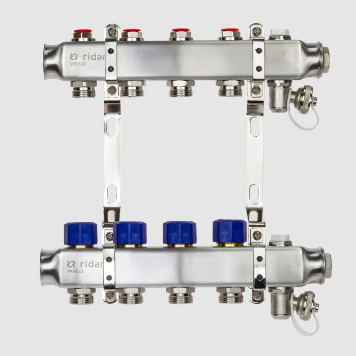 Комплект коллекторов Ридан SSM-3R 3 контура: с кронштейнами, ручным воздухоотводчиком, сливным краном и торцевой заглушкой