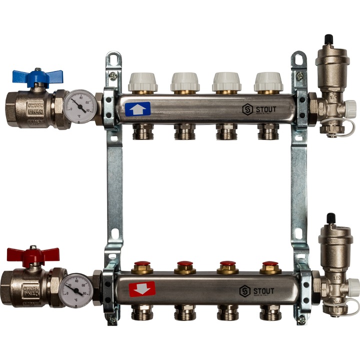 Коллектор Stout из нержавеющей стали в сборе без расходомеров 4 выхода (арт. SMS 0912 000004)