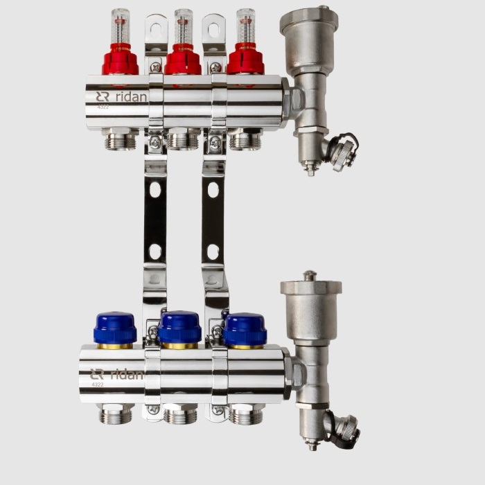 Комплект коллекторов Ридан FHF-4RF 4 контура: с расходомерами, кронштейнами и торцевыми секциями с автоматическими воздухоотводчиками